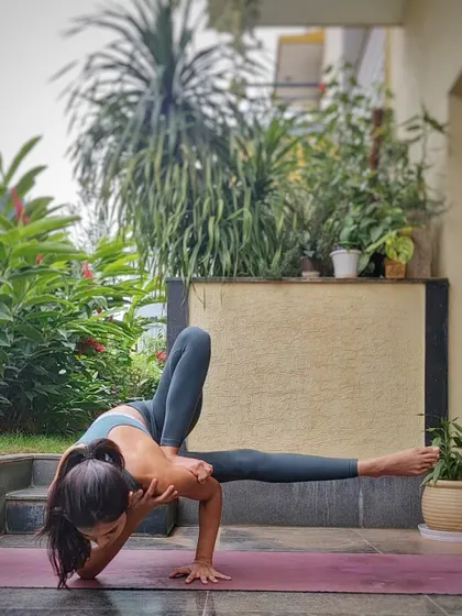 A creative variation of Grasshopper Pose, an arm balance that also provides a deep twist. Exploring new shapes keeps the practice fresh and challenges the body in different ways.