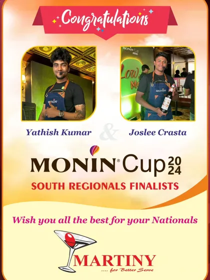 Two of our bartenders, Yathish Kumar and Joslee Crasta, were finalists in the Monin Cup 2024 South Regionals. We consistently nurture and support top-tier talent.