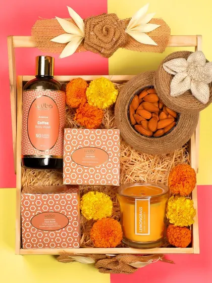 An overhead shot of the coffee skincare gift basket, giving a full view of all the items included in the set.