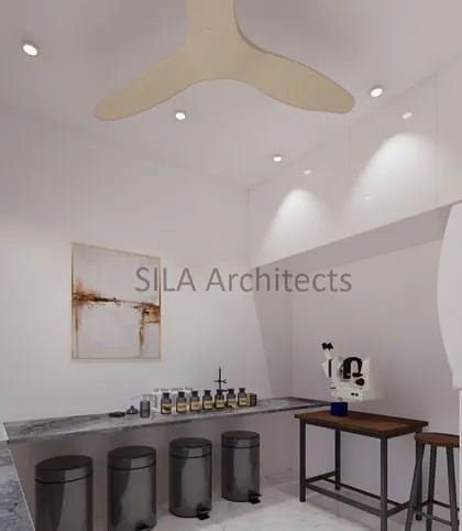 A concept for a hospital's laboratory or utility area, designed for functionality and hygiene with stainless steel countertops and ample storage.