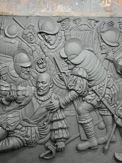 Another perspective on the detailed clay work, showcasing the period clothing and armor of the soldiers.