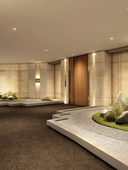 A tranquil corridor in Palais Royale, featuring a zen garden. This space is designed as a moment of pause and reflection, where natural elements and minimalist design create a serene transition area.