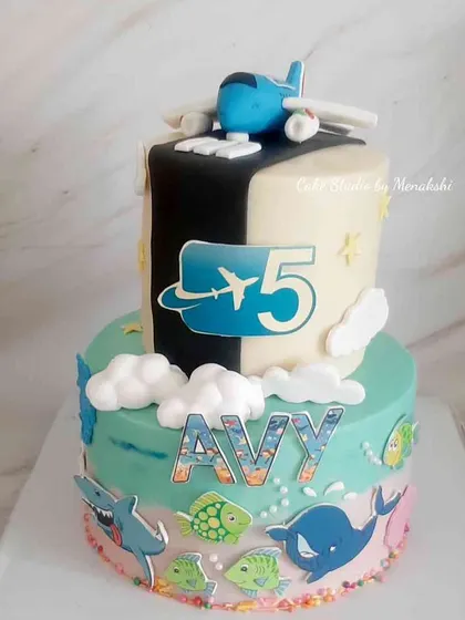 A beautiful two-tier cake for Avy, who loves both planes and sea creatures. The top tier is the sky with a plane, and the bottom is the ocean with fish.