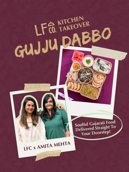 I'm so excited to announce a kitchen takeover with my mom, Amita Mehta, for our special Gujju Dabbo. This graphic celebrates bringing her soulful, homemade Gujarati food straight to your doorstep.