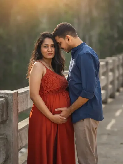 A duplicate of ID 36, this intimate outdoor couple's portrait on a bridge captures the couple's loving expressions as they hold her belly.