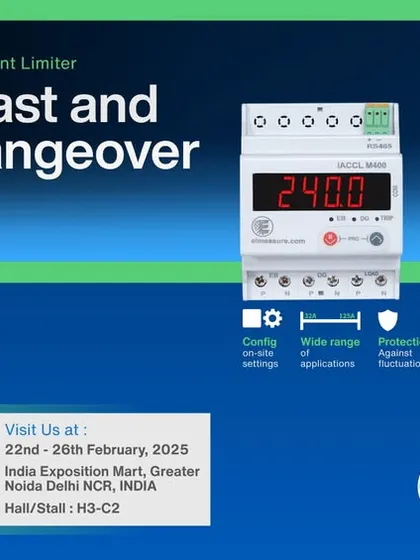 This graphic, created for ELECRAMA 2025, features our iACCLM400. It details how the device ensures uninterrupted power by automatically managing utility and generator sources, safeguarding your home.