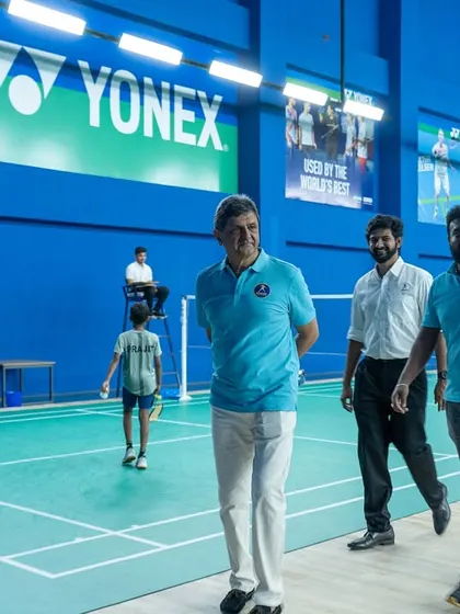 Prakash Padukone observing the courts at the PSB Open Junior Badminton Tournament held at the Padukone-Dravid Centre for Sports Excellence. We host events at world-class, multi-court venues.