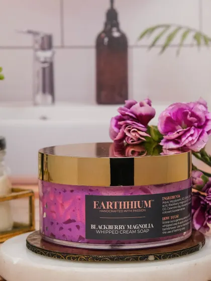 This is my Blackberry Magnolia Whipped Cream Soap. It has a fluffy, mousse-like texture that feels incredibly luxurious and leaves your skin feeling soft and fragrant.