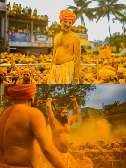 Action shots and crowd scenes from the turmeric festival, capturing the dynamic energy of the celebration. These images show devotees dancing, playing drums, and throwing clouds of yellow powder into the air.