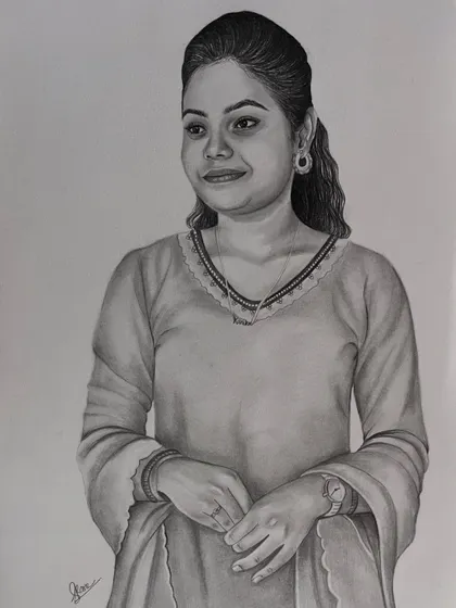 A custom pencil portrait of a woman in a salwar kameez, capturing a pleasant and calm demeanor.