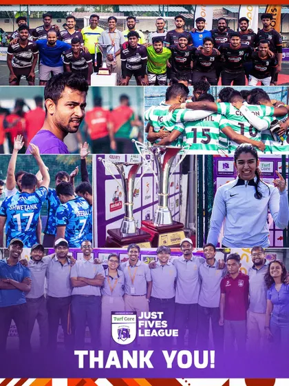 A collage celebrating the success of the first Just Fives League Corporate Edition. It captures the trophies, the teams, the organizers, and the overall spirit of the event.