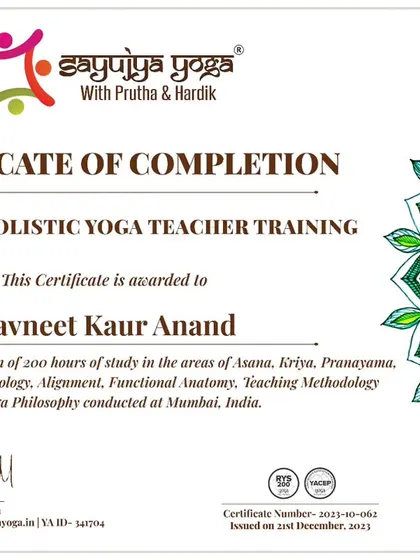 Certificate of completion for a graduate of our 200-hour Holistic YTTC in Mumbai.
