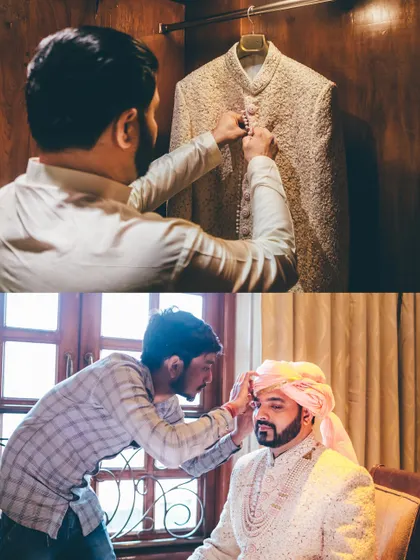 A collage of the groom getting ready, with his friends helping him with his sherwani and safa. A story of brotherhood and support.