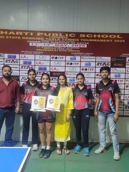 Our players and coaches celebrating multiple victories at the 1st Delhi State Ranking Tournament. Akanksha Singhal's performance, winning medals in three different age categories, was a major highlight.