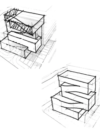 Sketches for scheme 2 of the Mysore clubhouse, exploring stacked and shifted blocks.
