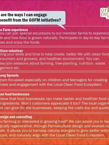 An infographic outlining the various ways people can engage with our initiatives, from farm visits to volunteering.