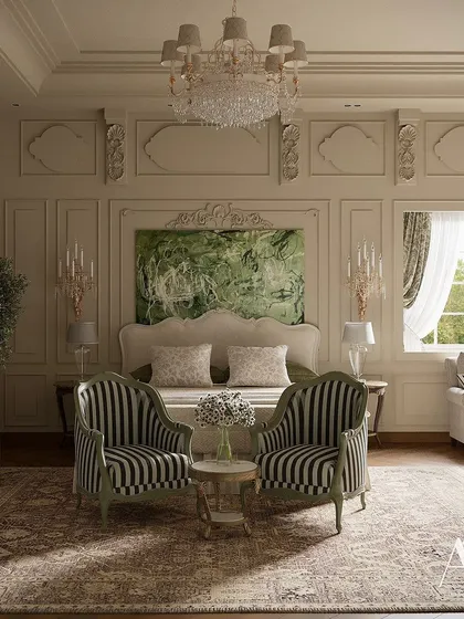 This angle shows the balance and symmetry of the room's layout. The two armchairs create a perfect conversation nook, while the large window provides a beautiful view and ample natural light.