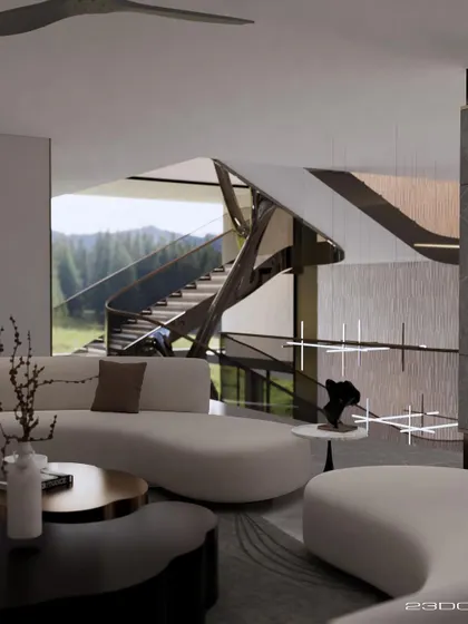 The living area in the Meraki home, with the sculptural staircase visible in the background. The minimalist furniture and neutral tones allow the architectural features and the view of the lush landscape to take center stage.