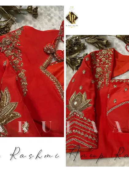 Another view of the orange lotus blouse, showing the delicate embroidery on the back and the custom latkans. It's all about creating a beautiful design from every angle.