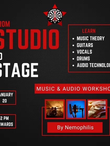 An event poster for a 'From Studio to Stage' music and audio workshop, a crash course covering the technical and artistic sides of being a performer.
