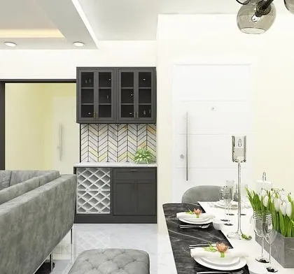 A dining area concept with a dark dining table and a built-in bar cabinet featuring a wine rack and glass storage.
