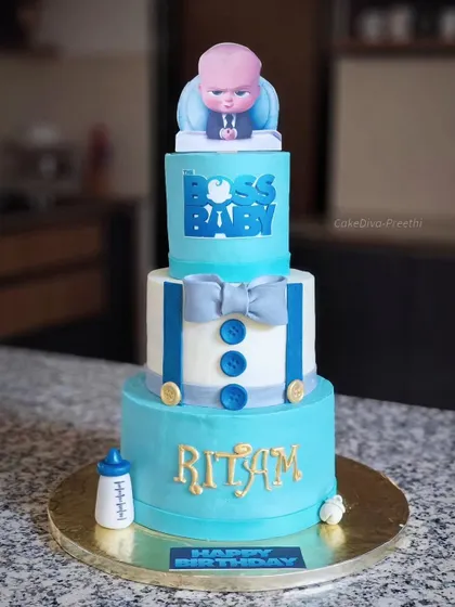 A final shot of the impressive Boss Baby cake. The vanilla butter sponge with berry filling is a crowd-pleasing flavor combination for kids' parties.