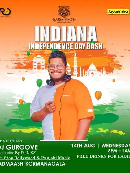 My 'Indiana' Independence Day Bash poster. I create patriotic-themed parties that celebrate with the best of Bollywood and Punjabi music, bringing everyone together on the dance floor.