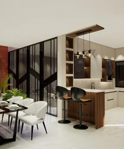A 3D render of a modern home interior, showing a dining area, a kitchen with a breakfast bar, and a glimpse of a traditional pooja room, demonstrating my ability to blend different styles.