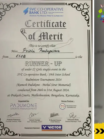 Prisha Prabagaran's Certificate of Merit for her Runner-Up finish in the U12 Girls Singles at the 19th Inter-School Badminton Tournament.