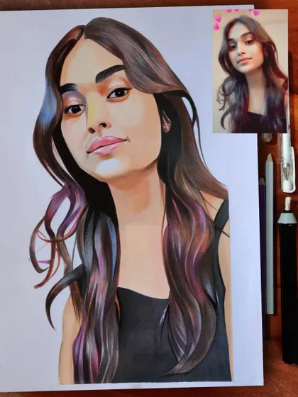 A beautiful colored pencil portrait with highlighted hair. I can capture unique details like colored streaks in the hair to make the portrait truly personal.