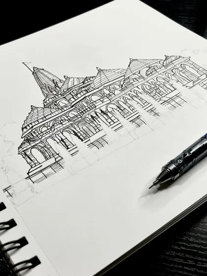 An early stage of the Ram Mandir sketch, done with a fine-liner pen. Every detailed drawing begins with a careful and accurate outline.