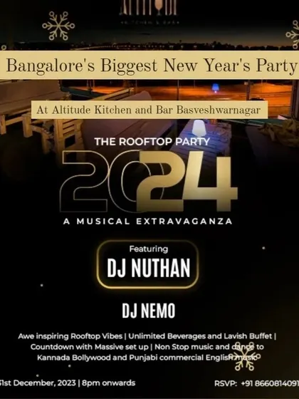The poster for 'The Rooftop Party 2024', Bangalore's biggest New Year's party. These events feature unlimited beverages, a lavish buffet, and a massive countdown.
