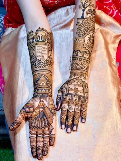 A regal bridal design featuring a bride in her doli. The inclusion of Sanskrit shlokas adds a sacred touch, while the peacock and jharokha motifs enhance the traditional feel.