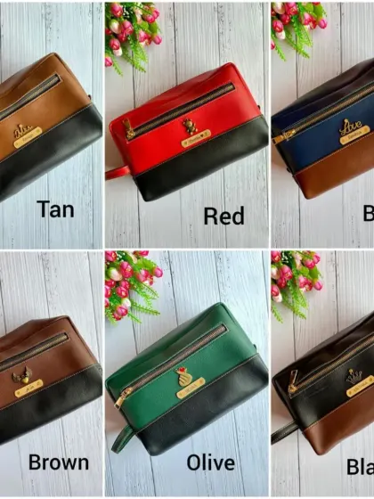My dual-tone travel pouches are available in six different color combinations. They are spacious and can be personalized with a name and charm of your choice.