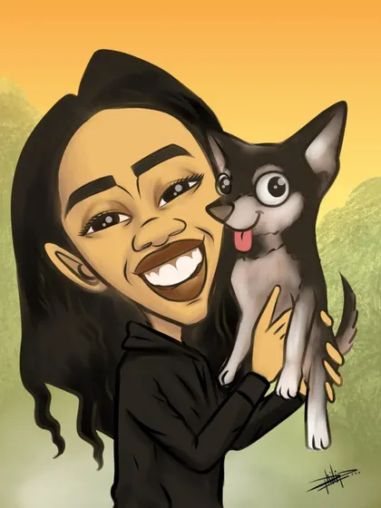 A digital caricature of a woman and her beloved pet. I love capturing the special bond between people and their animals.