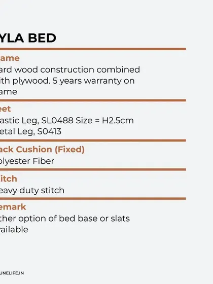 The material and construction specifications for the Lyla Bed. We believe in transparency, showcasing the hardwood frame, polyester fiber cushions, and heavy-duty stitching that guarantee quality and a 5-year warranty.