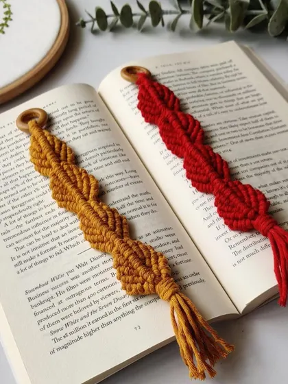 The two macrame bookmarks displayed in a book. They are both functional and beautiful.