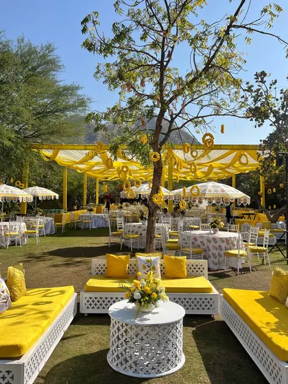 A wide view of the haldi setup, showing how the yellow drapes, custom umbrellas, and lounge seating come together to create a vibrant, cohesive look.