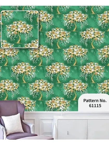 A room mockup with a bold green wallpaper featuring a repeating pattern of stylized floral trees.