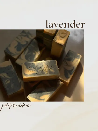 Our custom Lavender Jasmine soap, featuring a beautiful blue and cream swirl. We love working with clients to create unique scents and designs for their special events.