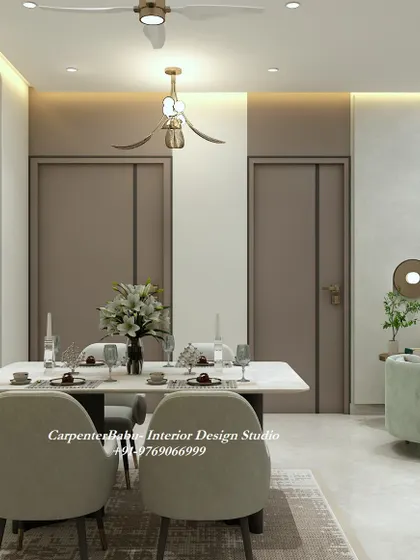 A simple and elegant dining setup with a four-seater table. The neutral color palette and clean lines create a calm and uncluttered space.