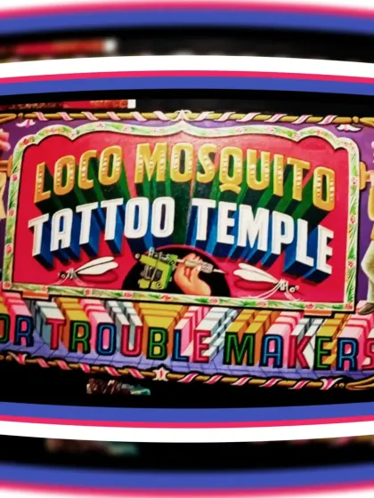 A distorted, funhouse-mirror effect applied to the 'Loco Mosquito' sign, showing a playful take on the final art.