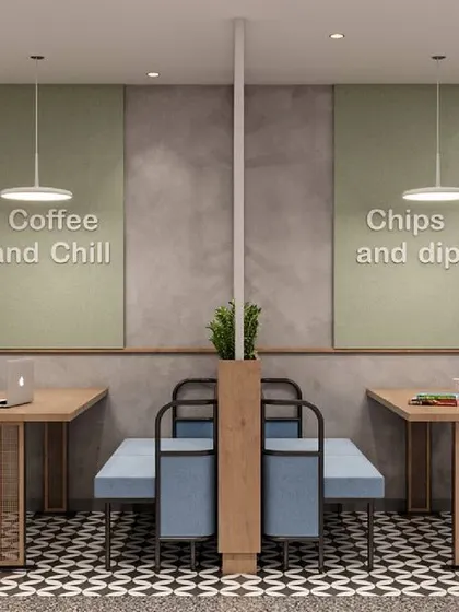 The 3D render for our cafe-style seating area. This visualization helped the client see exactly how the materials, lighting, and furniture would come together.