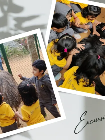 A collage showing the children's curiosity as they interact with an emu and a large, gentle dog, learning about different animal textures and sizes.