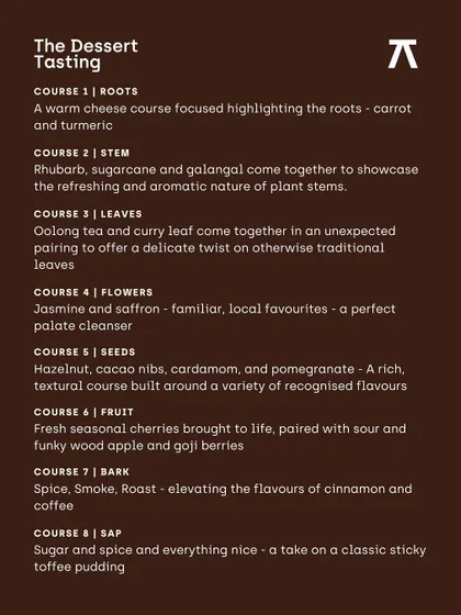 The full 8-course menu for 'The Dessert Tasting'. The menu was structured like a plant's life cycle, moving from roots and stems to leaves, flowers, and sap, showing an incredible narrative and creative vision.