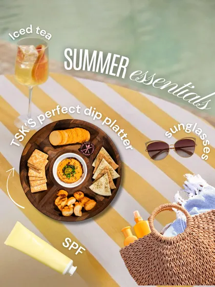 Our summer essentials checklist: SPF, sunglasses, iced tea, and our perfect dip platter. This flatlay shows that good food is a must-have for any poolside or picnic day.