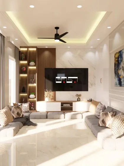A 3D render of a cozy family living room with floor seating, a built-in media unit, and warm cove lighting, designed for a relaxed and informal lifestyle.