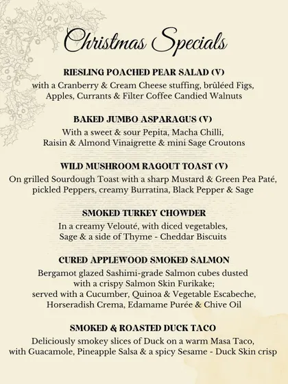 The Christmas Specials menu, featuring dishes like Riesling Poached Pear Salad and Smoked & Roasted Duck Tacos. Each dish was a unique creation from one of my chefs.