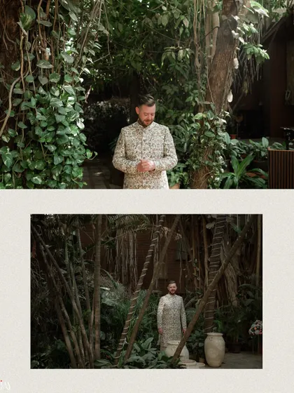 A creative diptych of the groom in a lush, jungle-like setting.