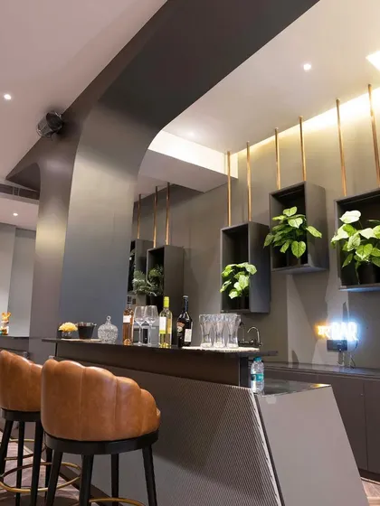 We love designing home bars. This modern bar in a residence features a sleek grey counter, comfortable leather stools, and unique hanging planters for a touch of green.